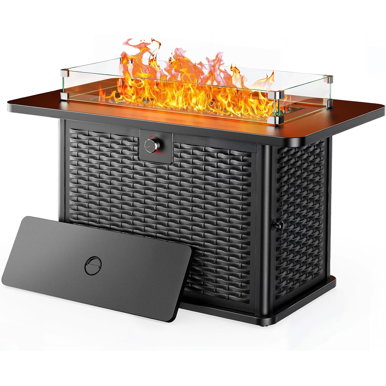 43-Inch Rectangular Propane Fire Pit With 60,000 Btu Output, Fire Pit Table Premium Gas For Outside Patio With 304 Stainless Steel H-Burner, Glass Stones, And Wind Guard,Black