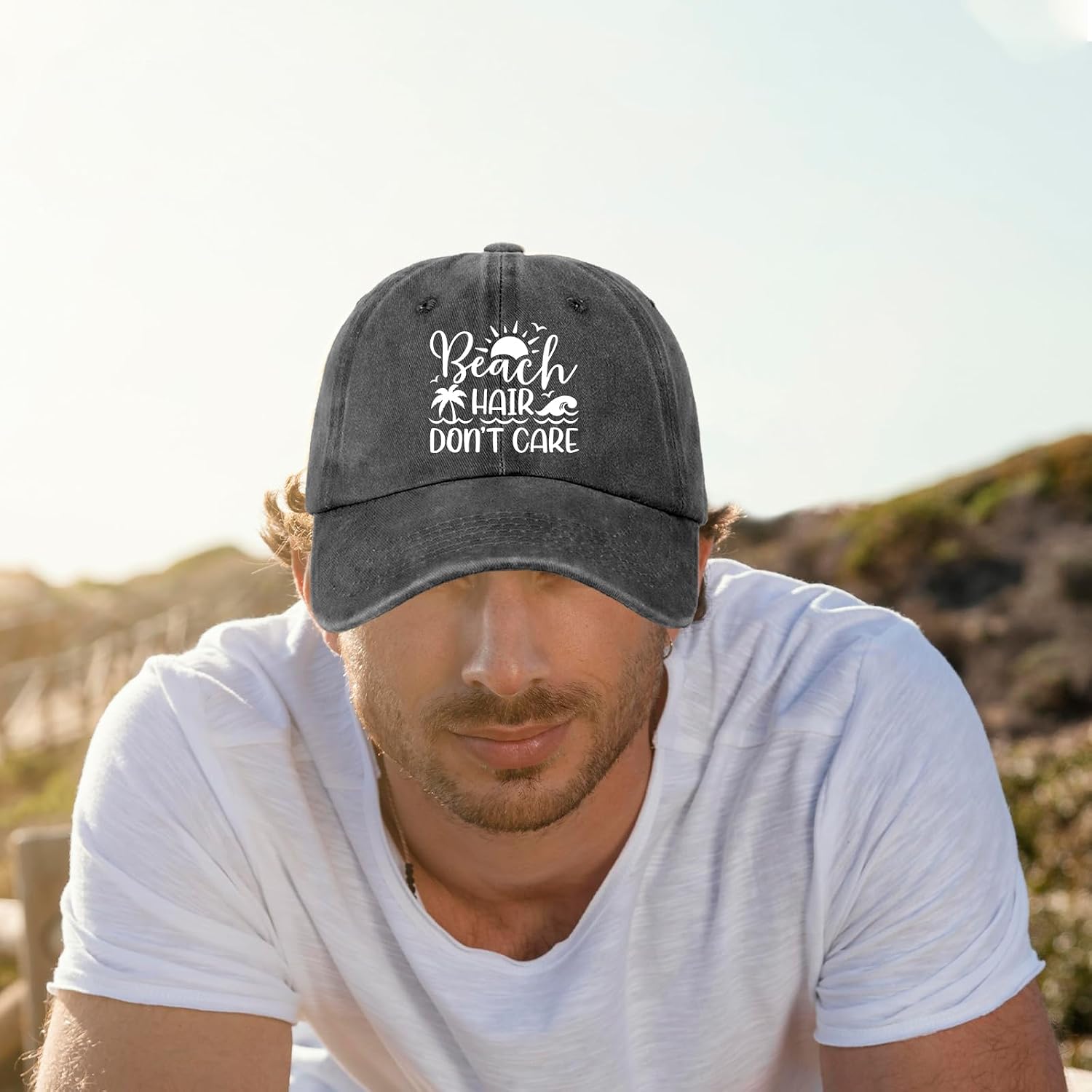 Funny Beach Printed Hat for Women - Beach Hair Don't Care - Adjustable Washed Cotton Sun Baseball Cap - Summer Gifts for Beaches Lovers - Birthday Gifts for Mom Wife Bestie White