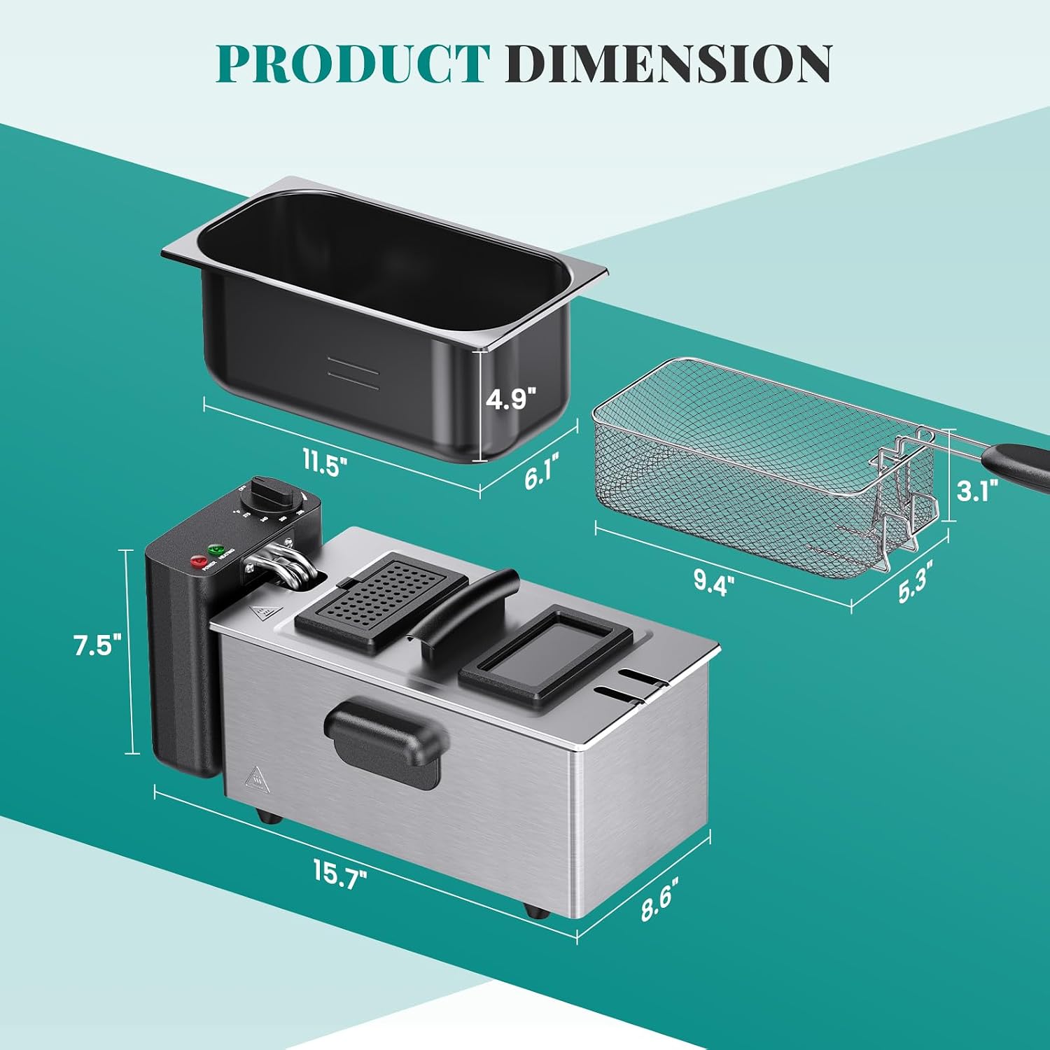 Olixis Deep Fryer For Home Use, Small Electric Fryer With 3 Liter Capacity, 1500W Power, 4 Adjustable Temp, Lid With Viewing Window For Fried Chicken, Shrimp, French Fries, Silver