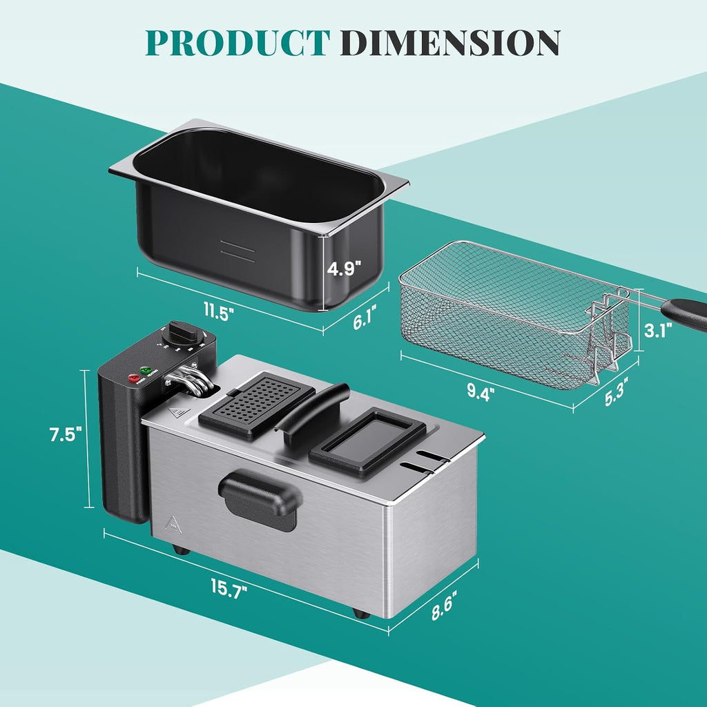 Olixis Deep Fryer For Home Use, Small Electric Fryer With 3 Liter Capacity, 1500W Power, 4 Adjustable Temp, Lid With Viewing Window For Fried Chicken, Shrimp, French Fries, Silver