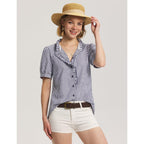 Lomon Button Down Shirts For Women Dressy Casual Puff Short Sleeve Ruffle Blouses Office Tops Work Shirt