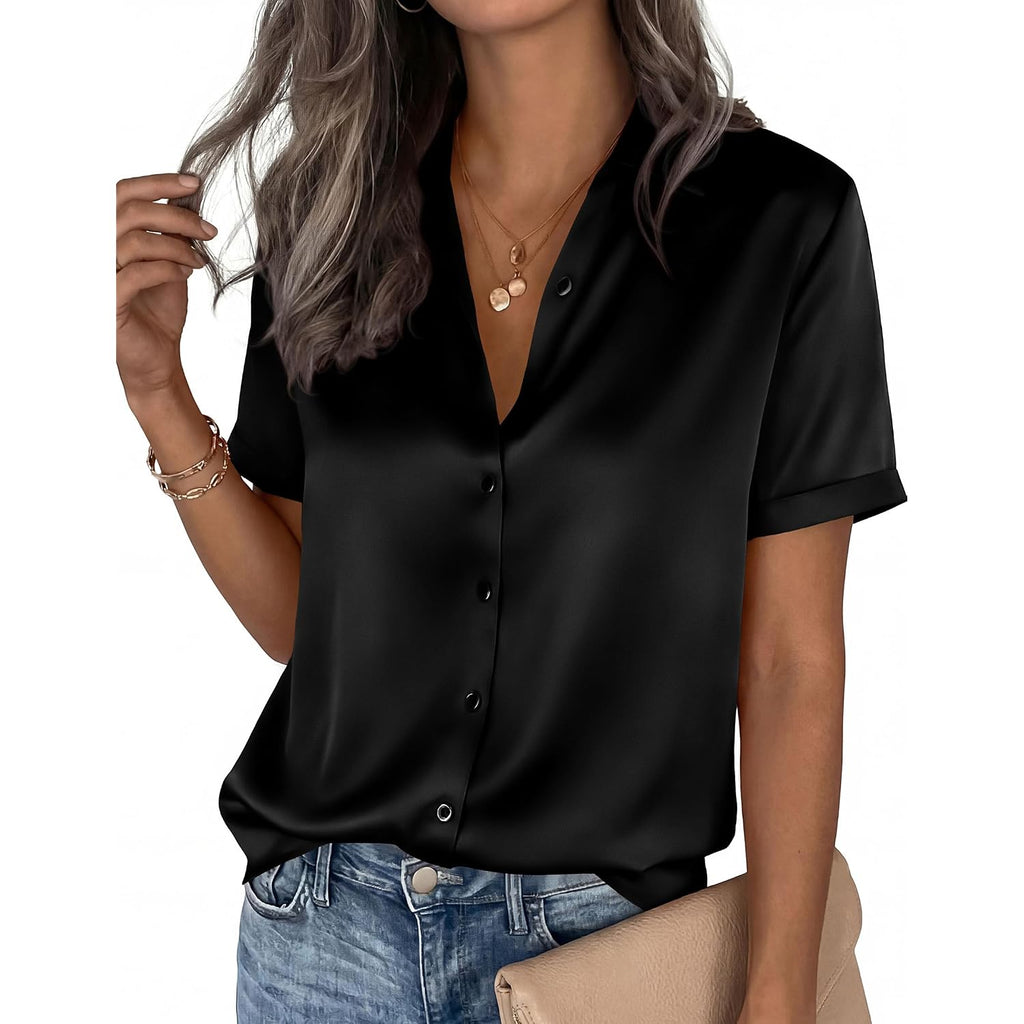 Prettygarden Womens 2026 Summer Button Down Shirts Short Sleeve Work Tops Dressy Satin Blouses Spring Business Casual Outfits