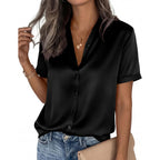 Prettygarden Womens 2026 Summer Button Down Shirts Short Sleeve Work Tops Dressy Satin Blouses Spring Business Casual Outfits