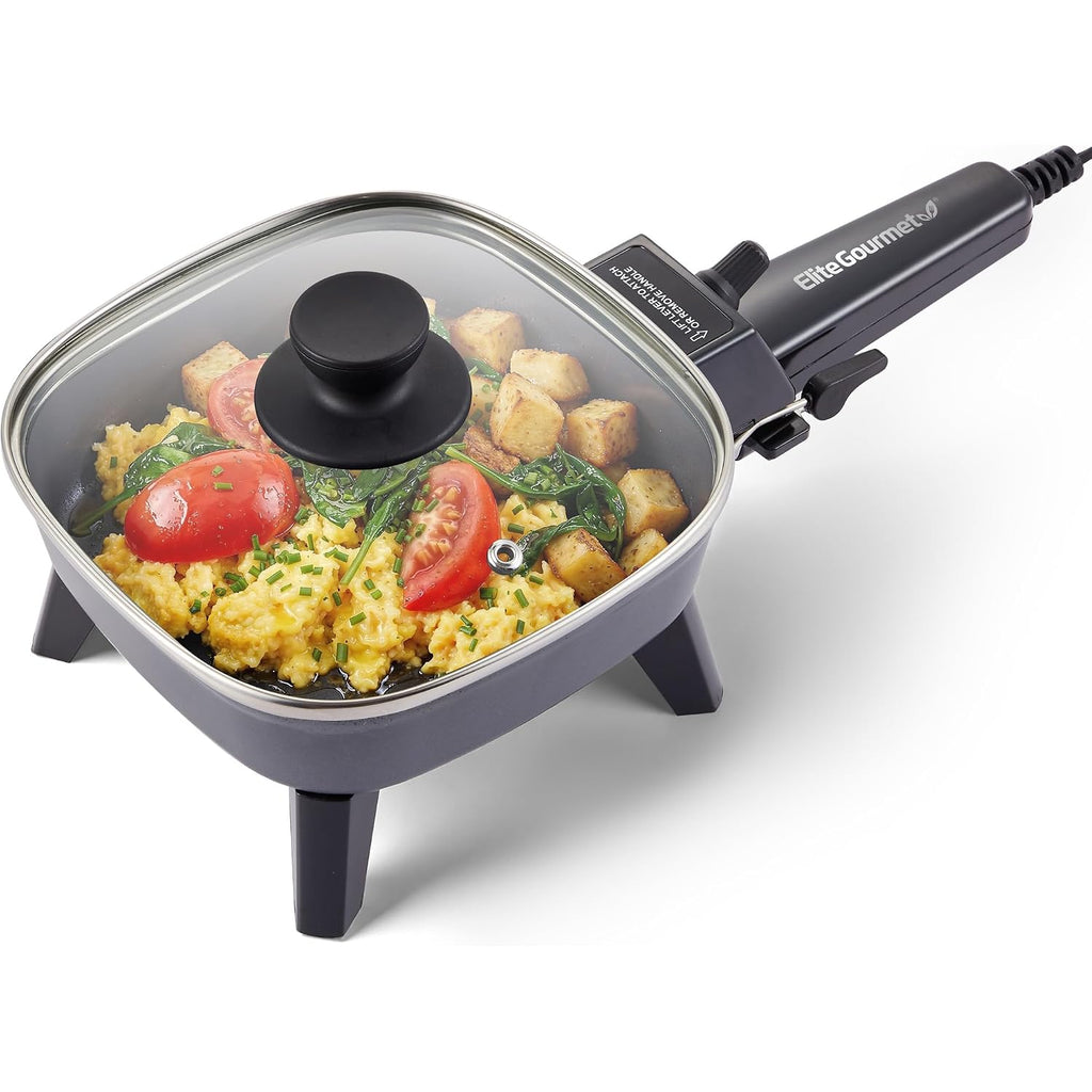 Elite Gourmet Efs059 Personal Electric Skillet, 7” Compact Portable Cooker, Adjustable Temperature, 600W Rapid Heating, Nonstick Surface, Tempered Glass Lid, Removable Handle, Black