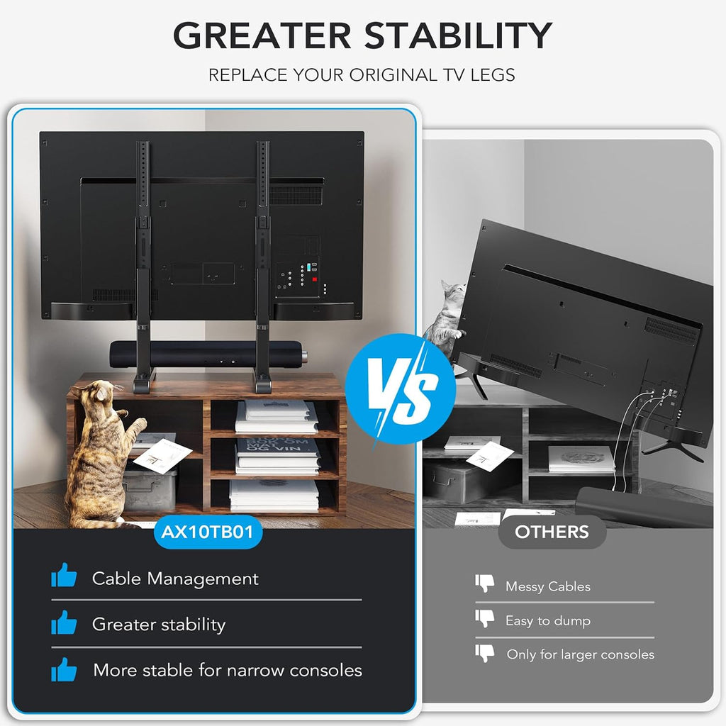 Table Top Tv Stand With Height Adjustable Tv Legs Replacement For Most 37-86 Inch Flat Curved Tvs,Steel Tv Base Feet Holds Up To 150 Lbs With Cable Management, Max Vesa 800X600Mm Black