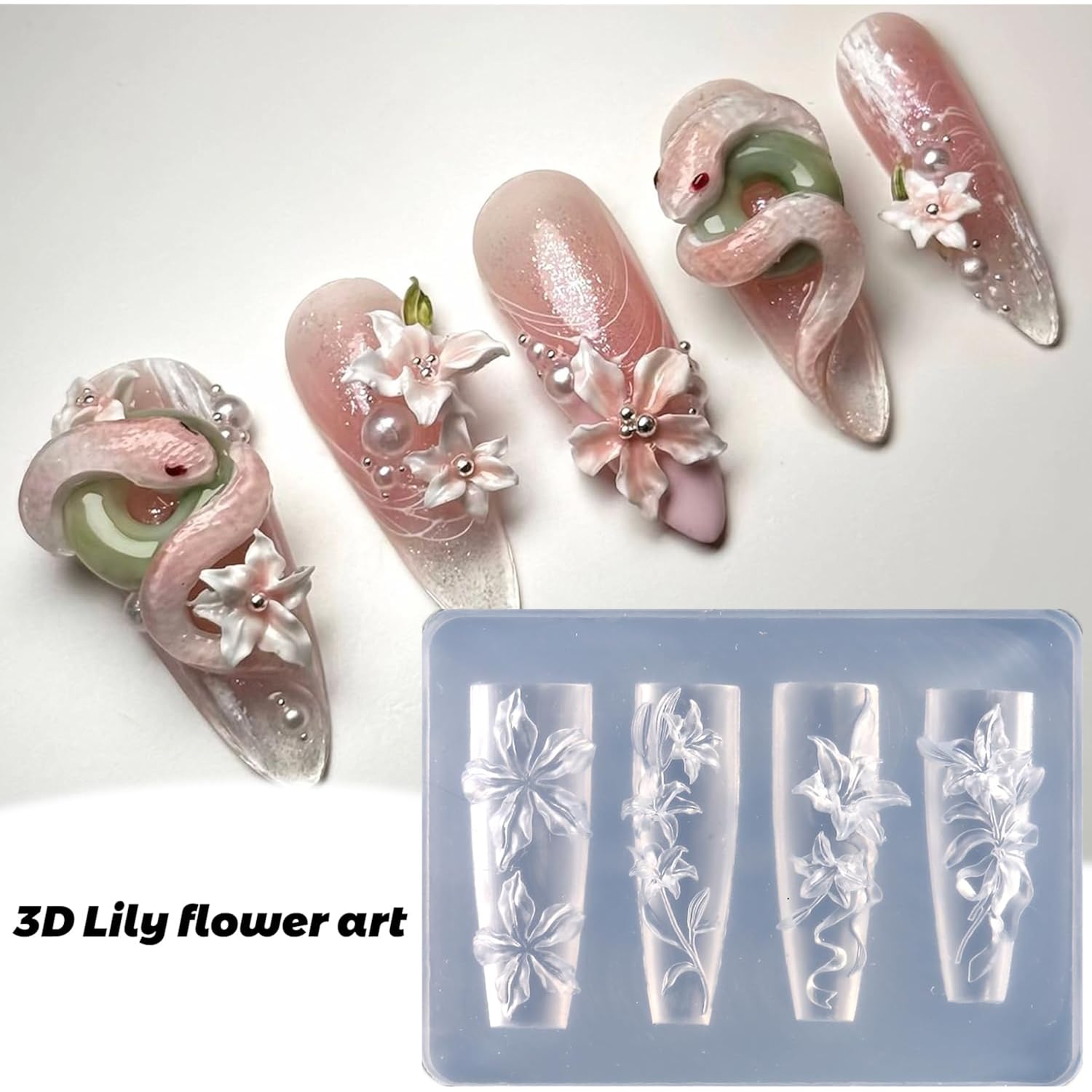 Silicone Nail Art Molds, 2PCS Reusable Clear 3D Flowers Nail Charm Molds with Carving Pen Tulip Bouquet Lily Hibiscus Flower Nail Design Manicure Template DIY Charms Resin Craft Accessories