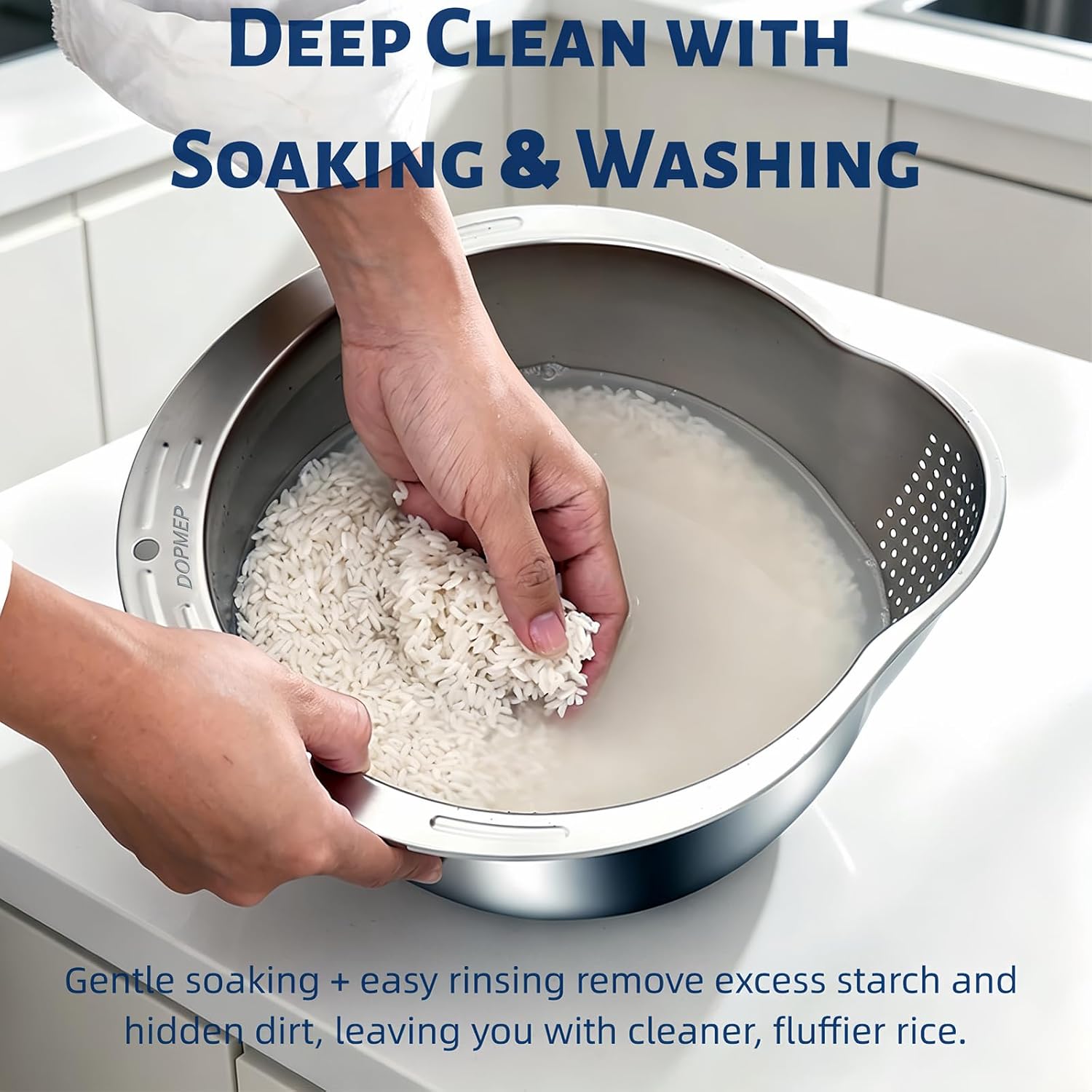 Rice Washer Strainer Bowl Stainless Steel Colander With Side Drainer | Ideal For Soaking, Washing, Cleaning, And Rinsing Rice, Fruits, Vegetables & Beans, Versatile Kitchen Tool