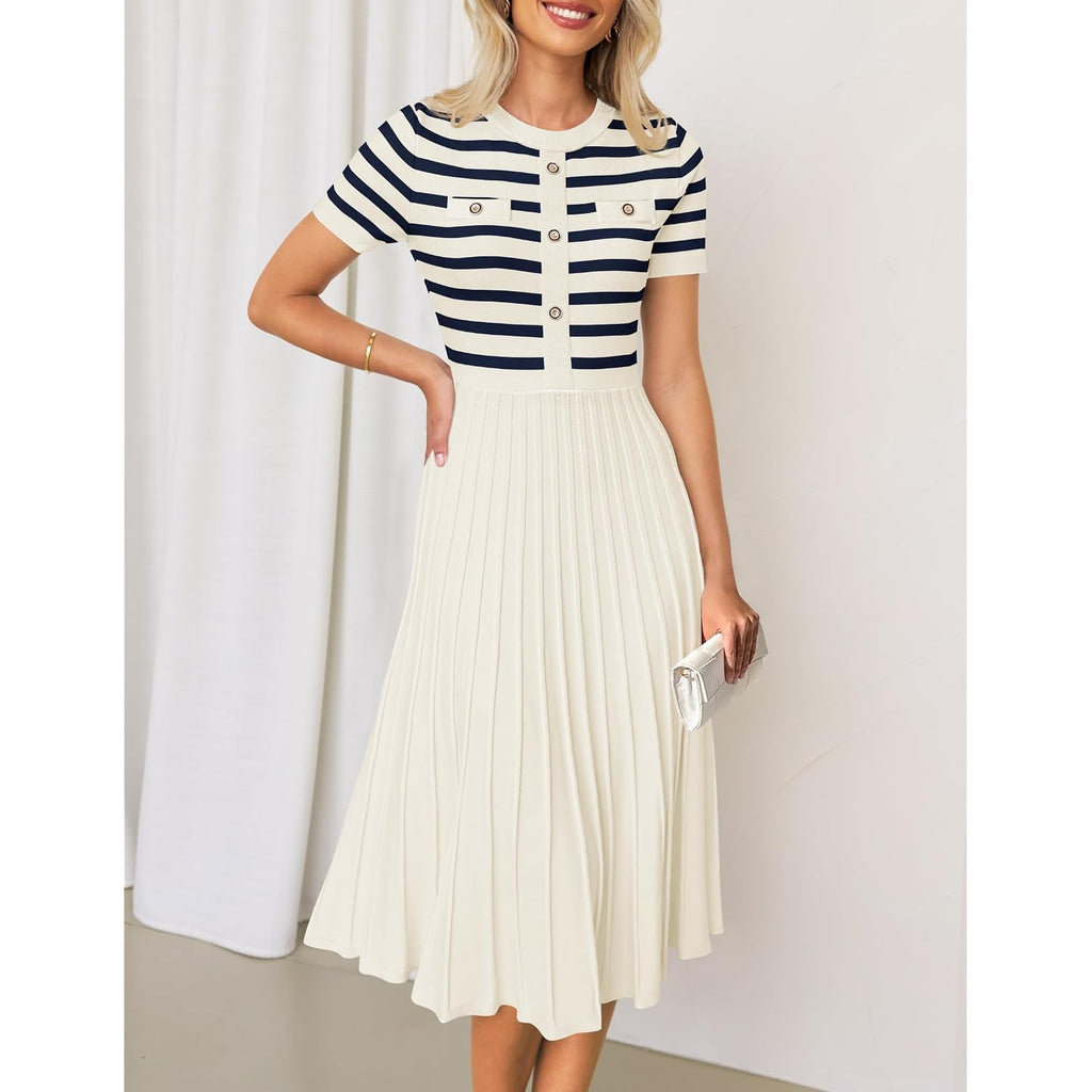 Zesica Women'S 2026 Casual Striped Midi Dress Crewneck Short Sleeve Button Ribbed Knit Swing Pleated A Line Dresses