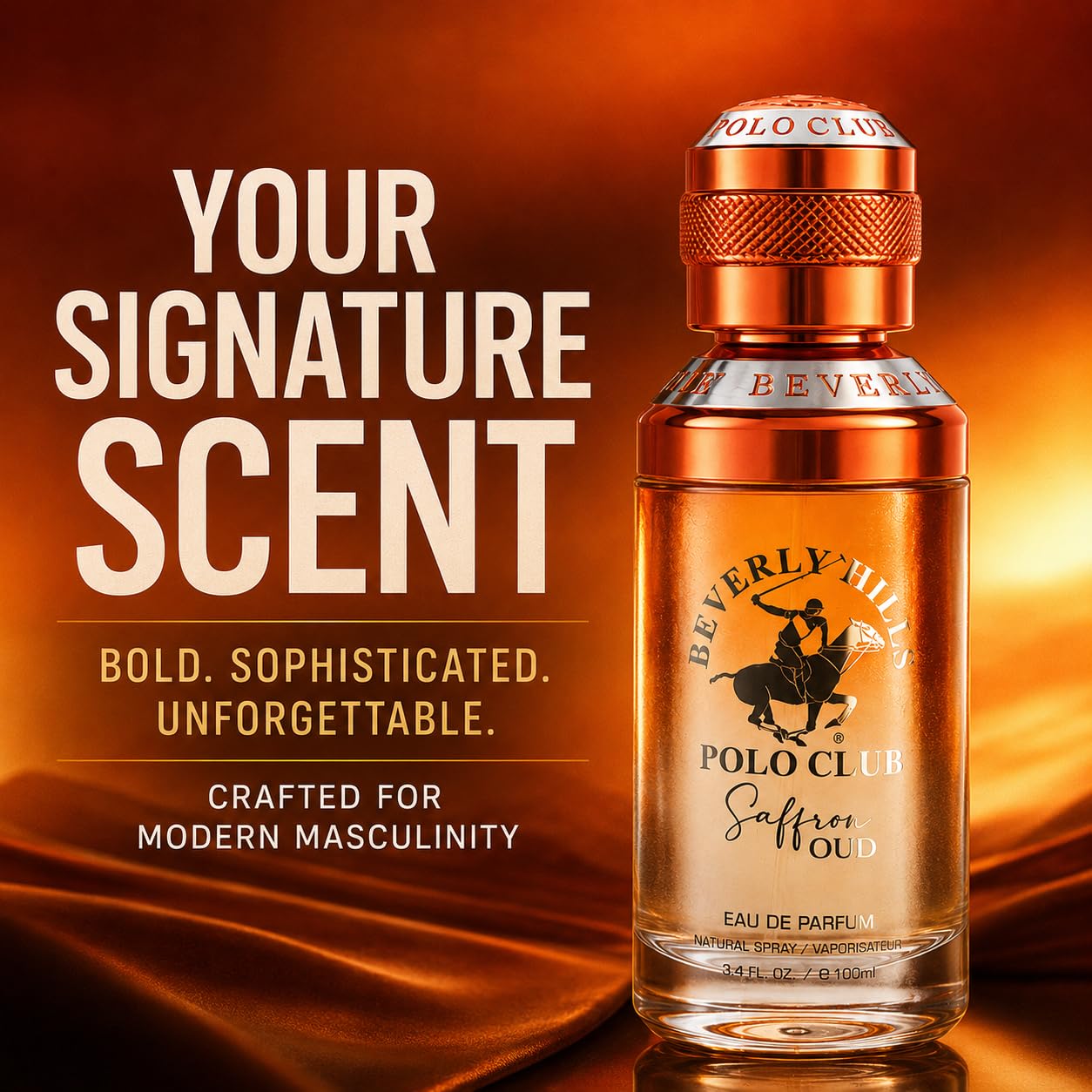 Beverly Hills Polo Club Saffron Oud Eau De Parfum For Men – 3.4 Fl Oz / 100Ml | Rich Oriental Saffron & Oud Cologne | Long-Lasting All-Day Masculine Fragrance Spray