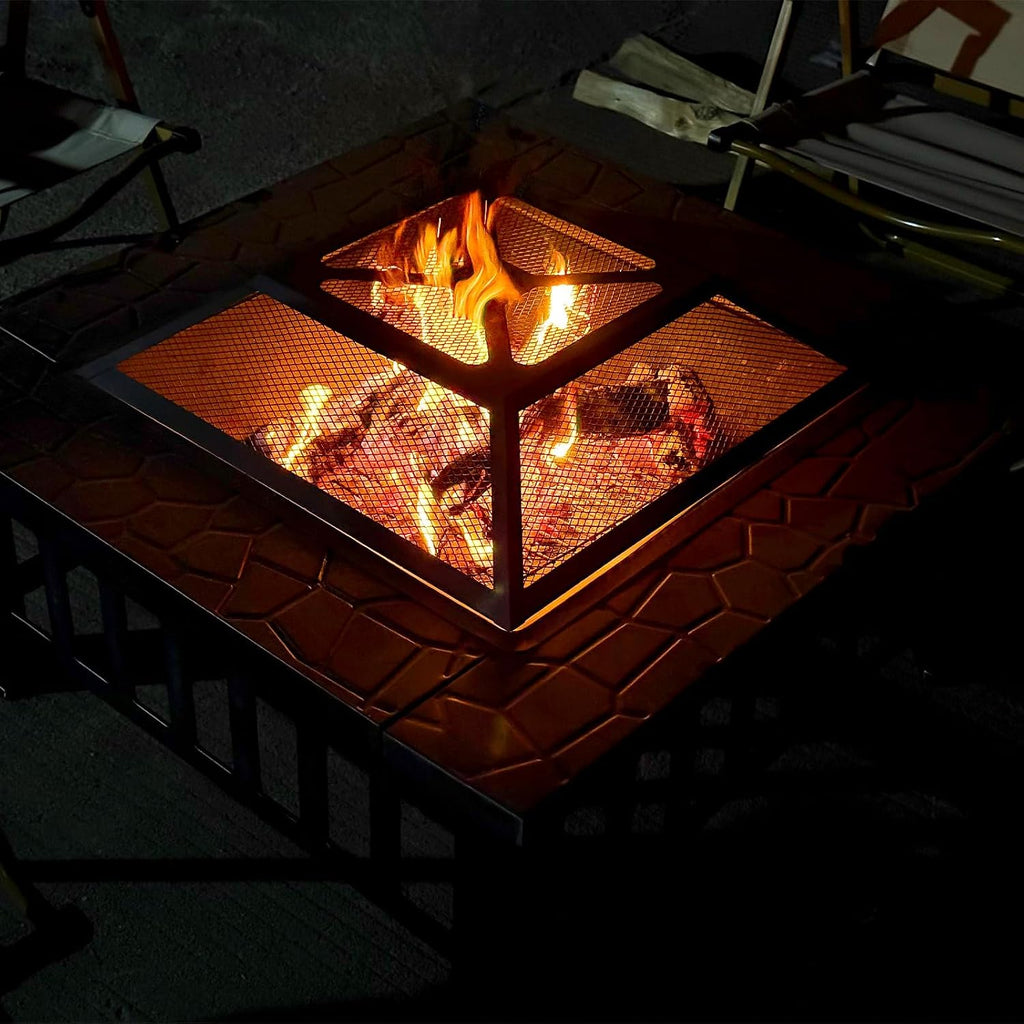 32 Inch Fire Pit Table With Fire Poker & Spark Screen, Outdoor Burning Fire Pits, 3 In 1 Metal Square Firepit Stove For Outside Heating, Bonfire Party, Camping, Patio, Garden