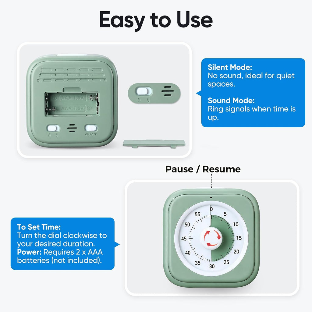 60 Minute Visual Timer For Kids, Silent Countdown Clock, Time Management Tool For Homeschool Study Supplies, Classroom, Home, Kitchen, Desk (Green)