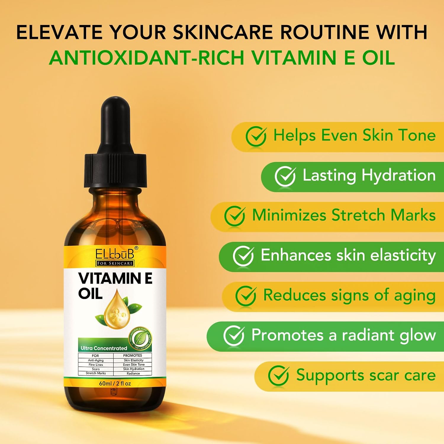 Elbbub Premium Vitamin E Oil - Ultra Concentrated - Moisturizes, Improves Appearance Of Scars & Stretch Marks, Skin Hydration - For Face, Body, Hair, And Nails