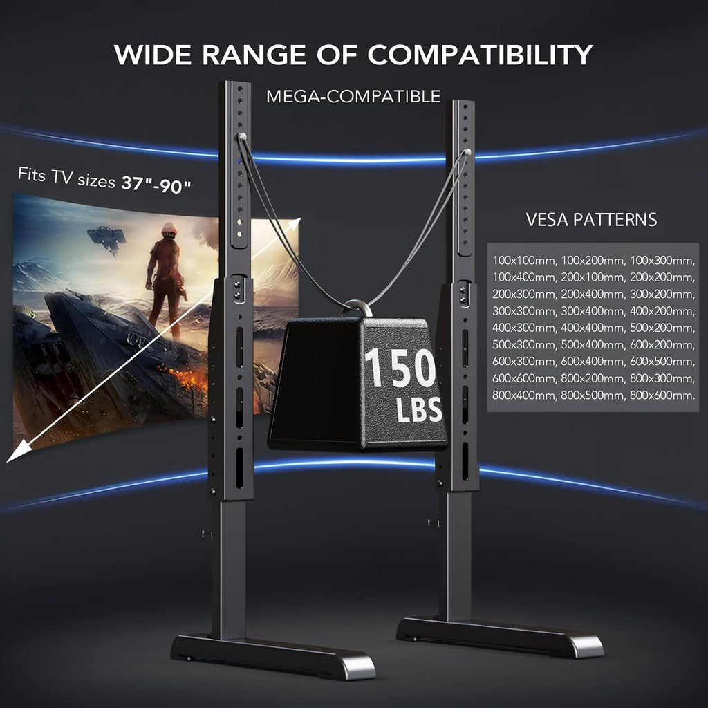 Table Top Tv Stand With Height Adjustable Tv Legs Replacement For Most 37-86 Inch Flat Curved Tvs,Steel Tv Base Feet Holds Up To 150 Lbs With Cable Management, Max Vesa 800X600Mm Black