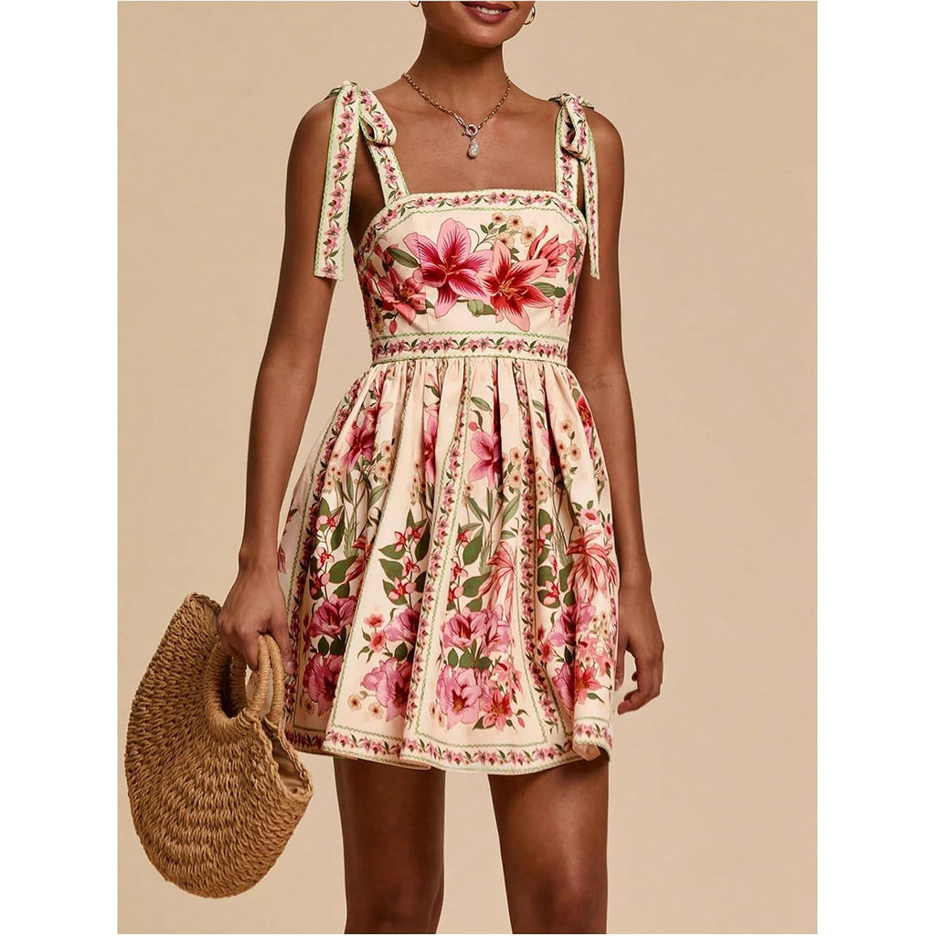 Oyoangle Women'S Boho Dress Floral Tropical Vacation Dress Sleeveless Tie Shoulder Summer Flowy Mini Dress Sundress