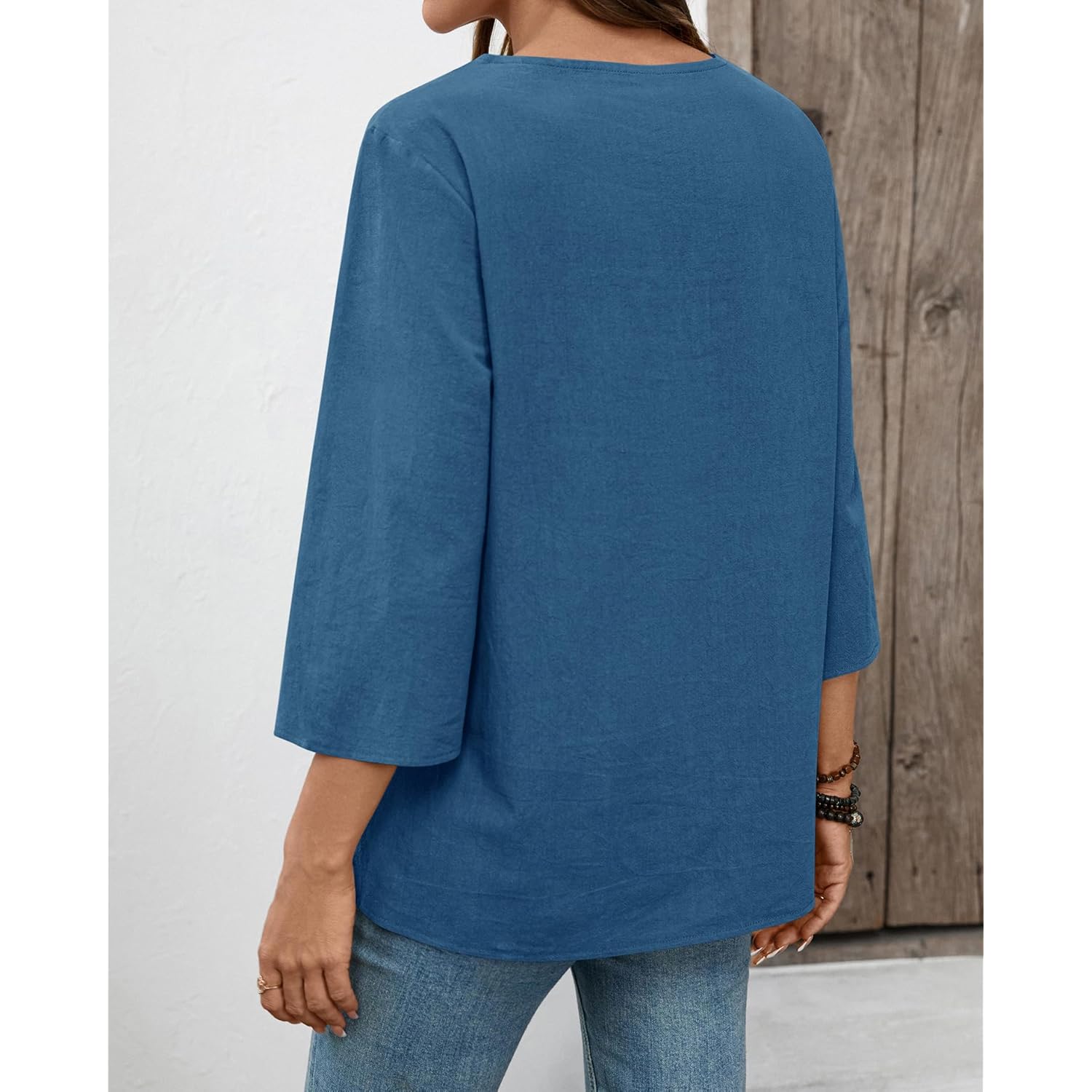 Womens 3/4 Sleeve Tops Cotton Linen Shirts V Neck Lace Casual Loose Fit Blouses Boho Fashion