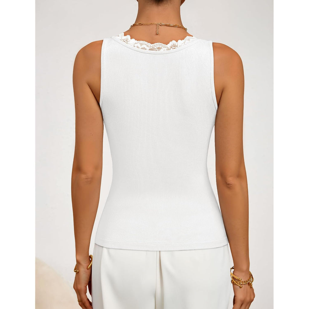 Zesica Tank Tops For Women Summer Ribbed Knit V Neck Lace Trim Tanks Sleeveless Casual Going Out Cami Shirts 2026