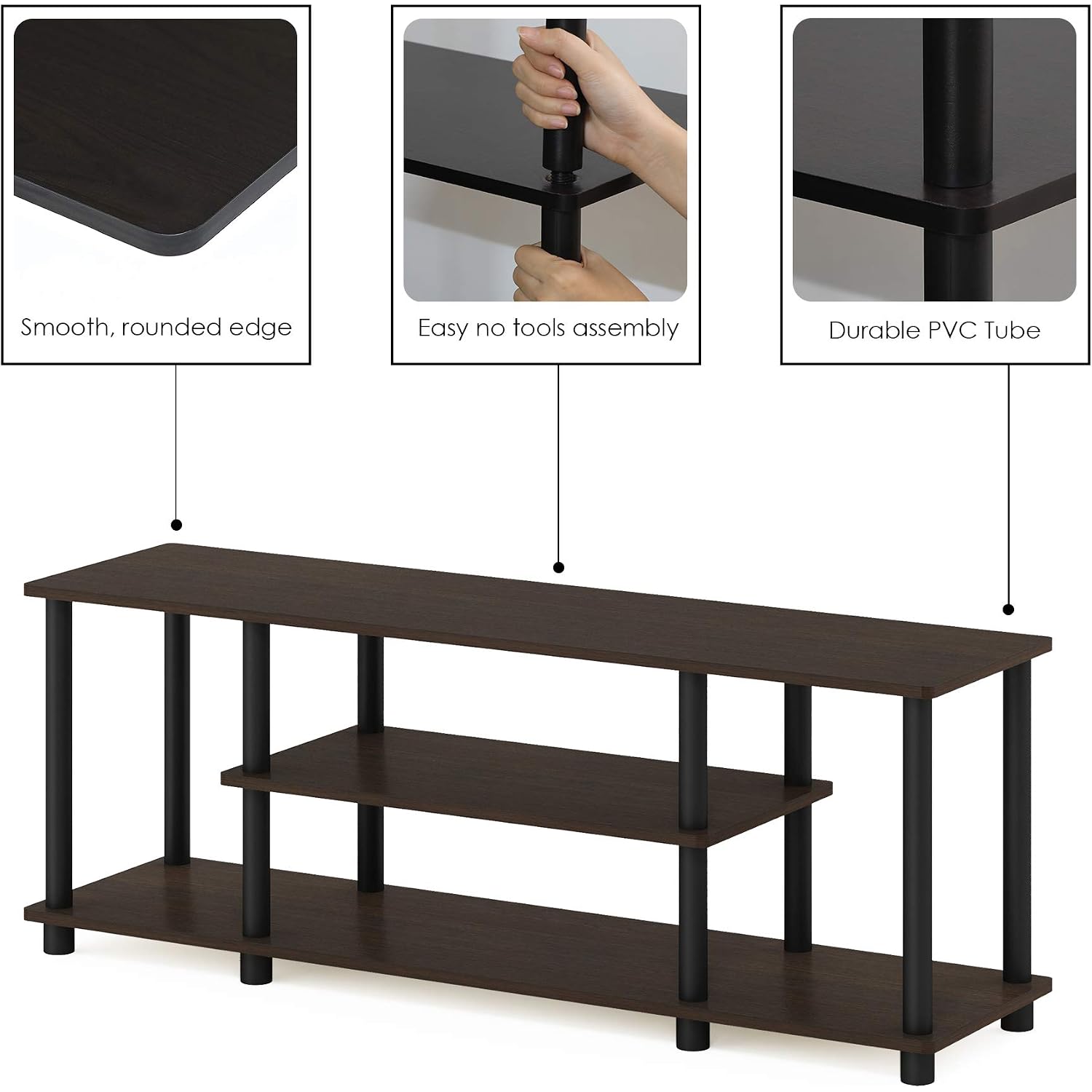 Furinno Turn-N-Tube No Tools 3D 3-Tier Entertainment Tv Stand Up To 50 Inch Tv, Round Tubes, Dark Brown / Black | For Tv Up To 50 Inch, Open Frame Rectangular Entertainment Center With Storage Shelf, Tv Console, For Living Room, Bedroom