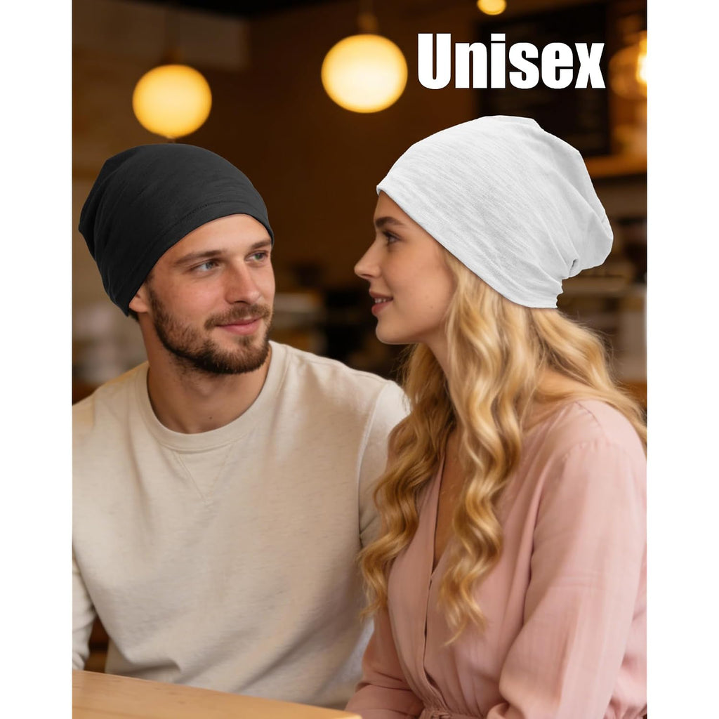 100% Cotton Lightweight Summer Hats for Women Men, Ultra Thin Slouchy Beanie Hat Oversizes Beanies Chemo Cap 2pcs White