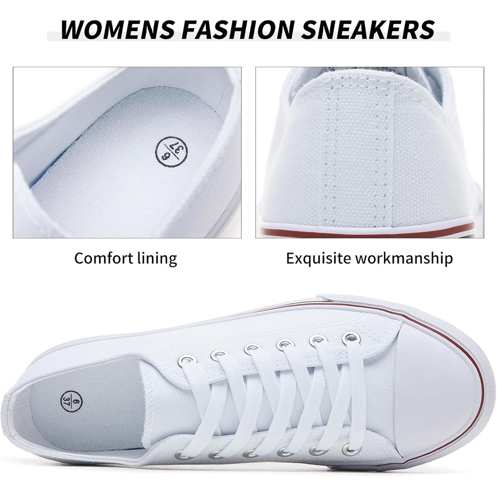 Fracora Womens White Black Canvas Sneakers Low Top Canvas Shoes For Women Tennis Shoes