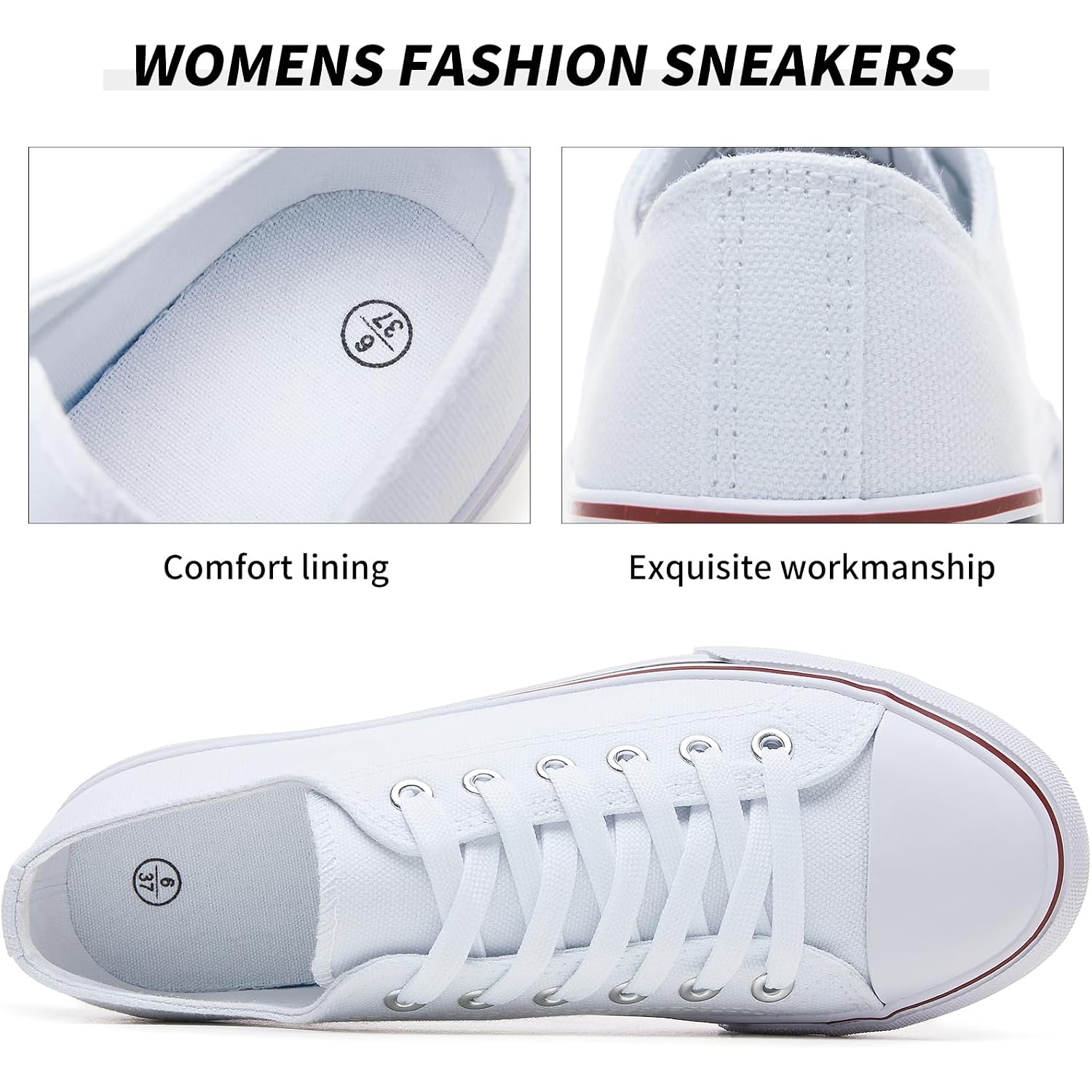 Fracora Womens White Black Canvas Sneakers Low Top Canvas Shoes For Women Tennis Shoes