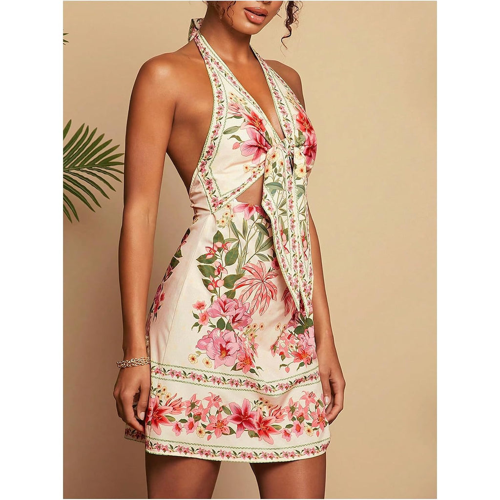 Roseseek Women'S Tropical Floral Backless Halter Dresses Cut Out Knot Front Sleeveless Vacation Short Dress