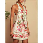 Roseseek Women'S Tropical Floral Backless Halter Dresses Cut Out Knot Front Sleeveless Vacation Short Dress
