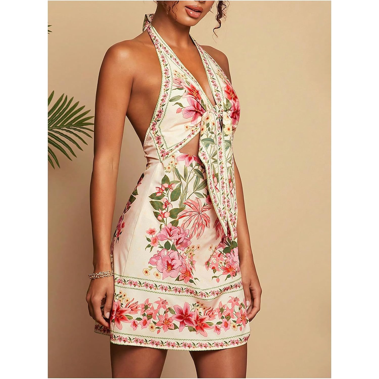 Roseseek Women'S Tropical Floral Backless Halter Dresses Cut Out Knot Front Sleeveless Vacation Short Dress