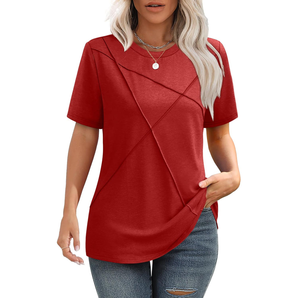 XIEERDUO Womens Summer Tops 2026 Pleated Round Neck Short Sleeve Shirts Business Casual