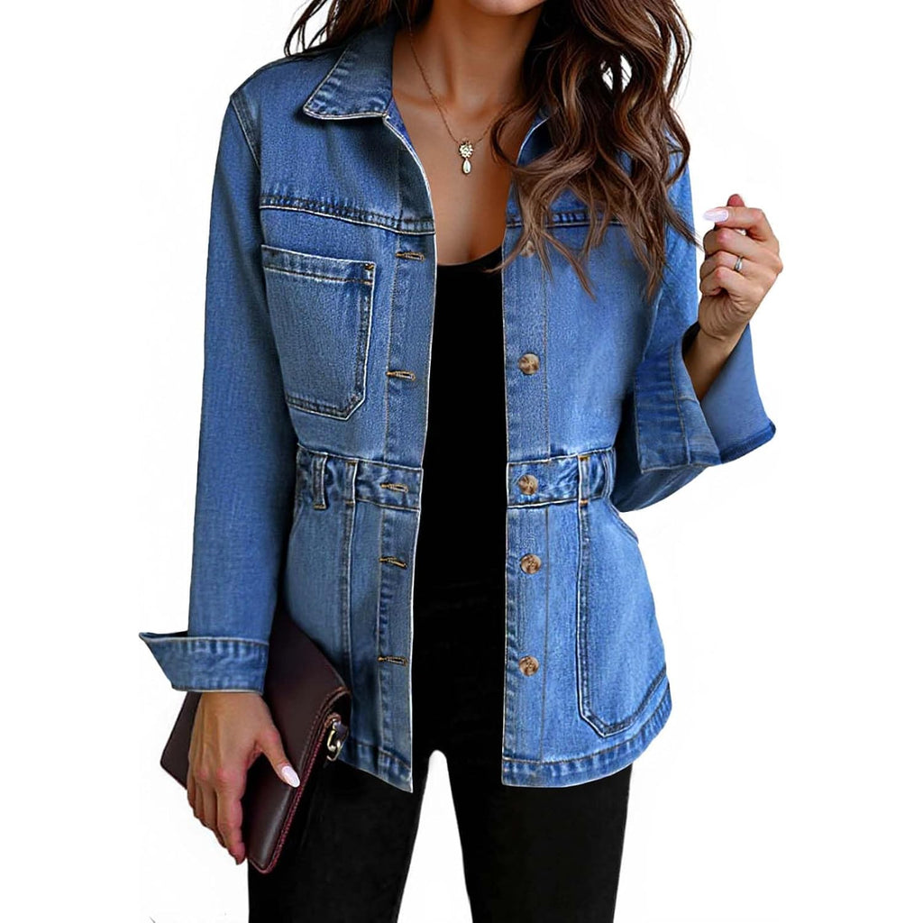 Tankaneo Denim Jacket For Women Distressed Jean Jacket Button Down Oversized Shacket With Pockets