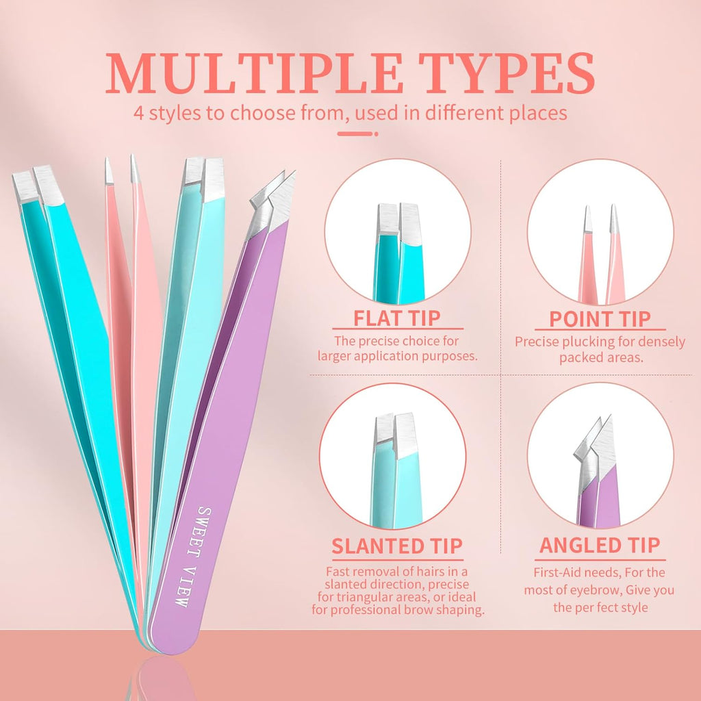 SWEET VIEW 7pcs Eyebrow Tweezers Kit for Women Precision Plucker with Brow Scissors & Razor & Spoolie for Facial, Chin, Brow, Splinter and Ingrown Hair