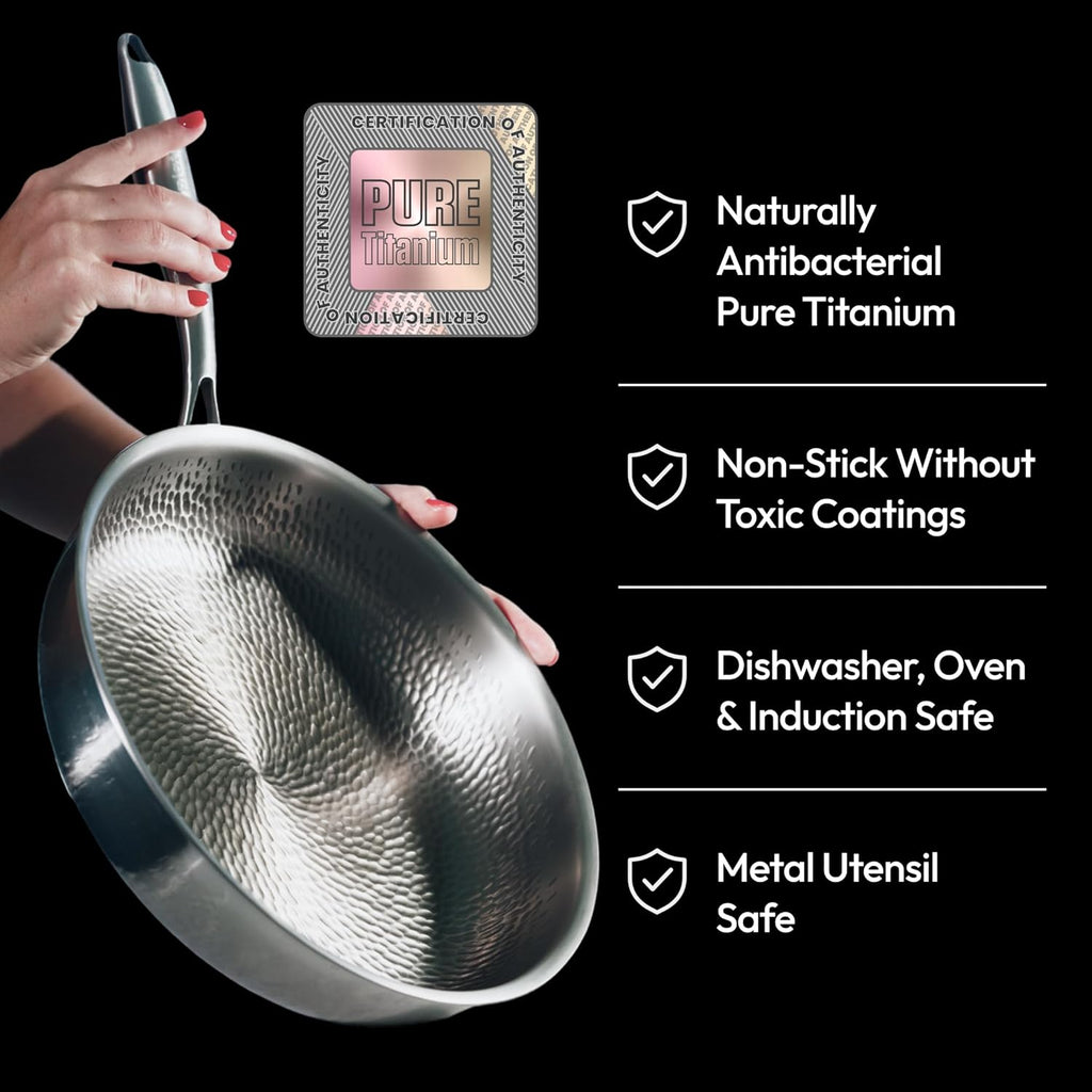 Plateful Titanium Pan For Cooking 11.5" - Pure, No Coating Non-Stick Titanium Cookware, Frying Pans, Hammered Pan, Safe For Oven, Induction & Cooktops Up To 750°F, Includes Lid