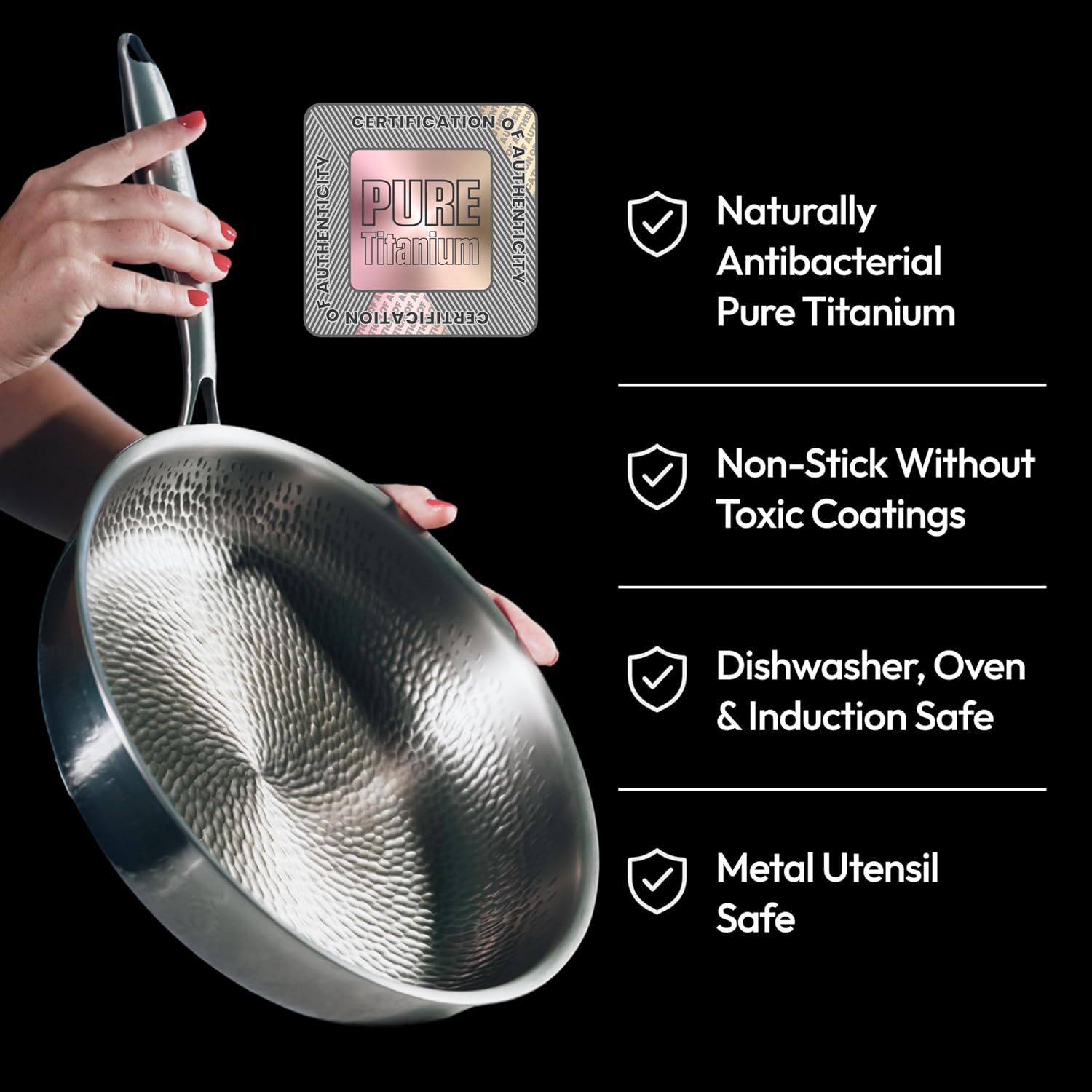Plateful Titanium Pan For Cooking 11.5" - Pure, No Coating Non-Stick Titanium Cookware, Frying Pans, Hammered Pan, Safe For Oven, Induction & Cooktops Up To 750°F, Includes Lid