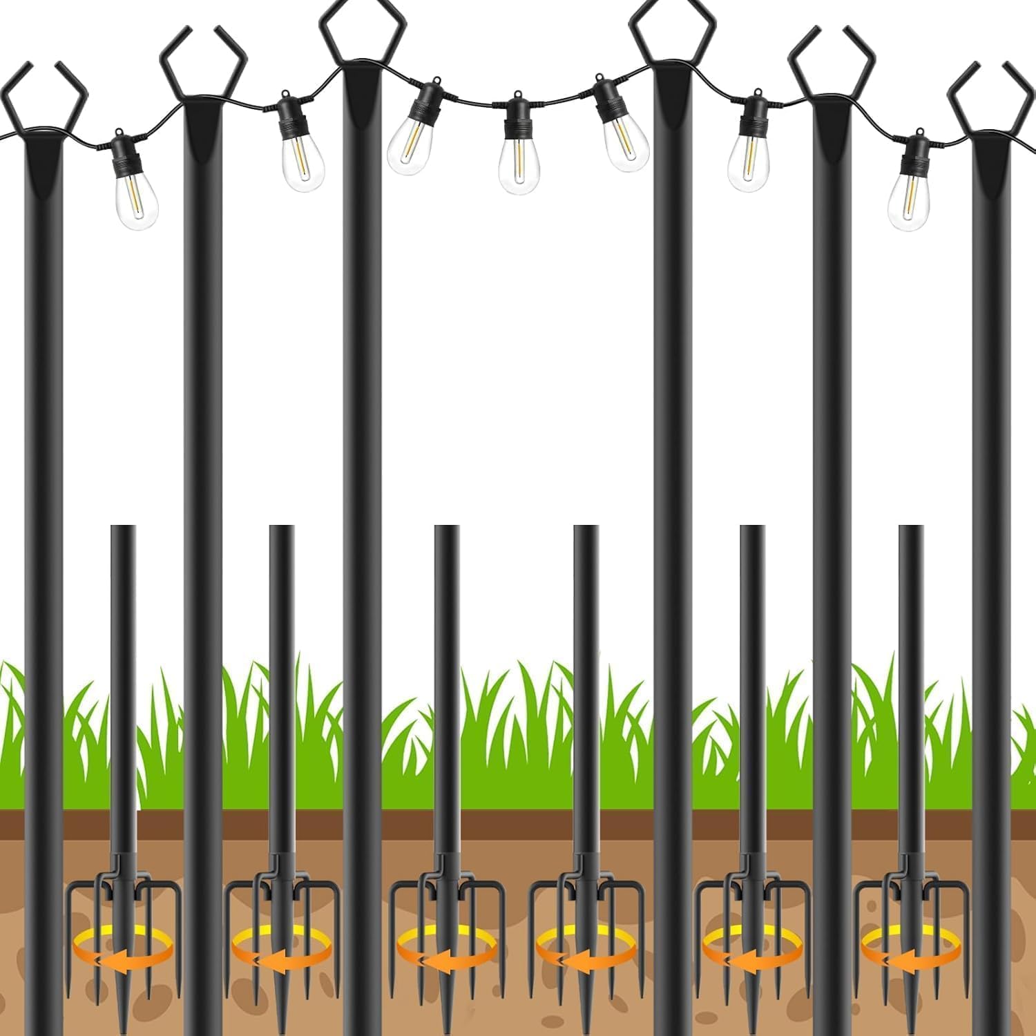 Ahrlhr 6 Pack String Light Poles, Outdoor String Light Pole 10 Ft Forked Metal Light Pole With Adjustable Outdoor Light Stand, Deck, Backyard, Garden, Wedding, Rustproof And Sturdy With Hooks.