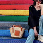 Straw Basket Tote Bag For Women Pu Leather Strap Hollow Woven Top Handle Straw Purses And Handbags
