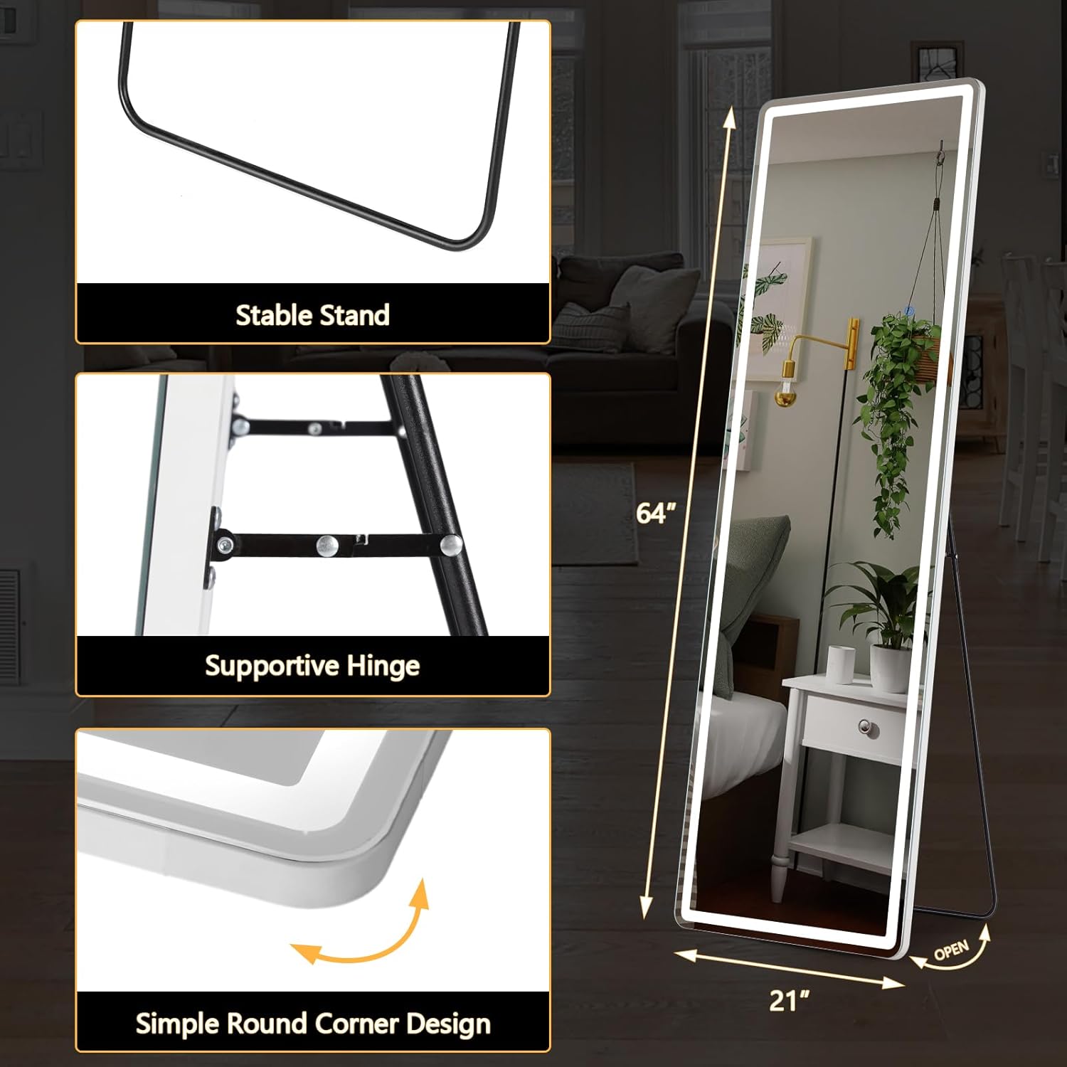 Sweetcrispy Full Length Mirror with LED Lights, 65"x21" Lighted Full Body Floor Mirror with Dimming & 3 Color Lighting, Stand for Bedroom, Dressing Room, White