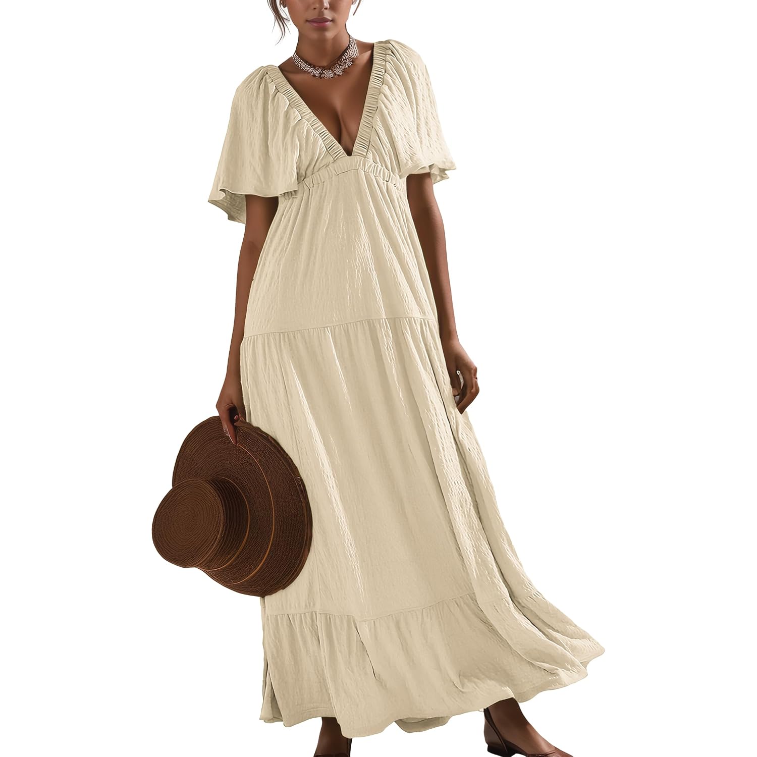 Kikibell Women Summer Dresses Sexy V-Neck Maxi Dress Tiered Silhouette With Flutter Sleeve Backless Elastic Waist Flowy Dress