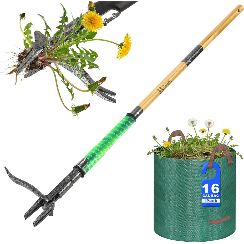 43.5" Weed Puller Tool For Lawn Yard, Dual-Eject Mechanism With Bag | 4-Claw Steel Head,Adjustable 43.5" Bamboo Long Handle,Supports A Weight Of 265 Lbs,Includes 16 Gallon Leaf Bag