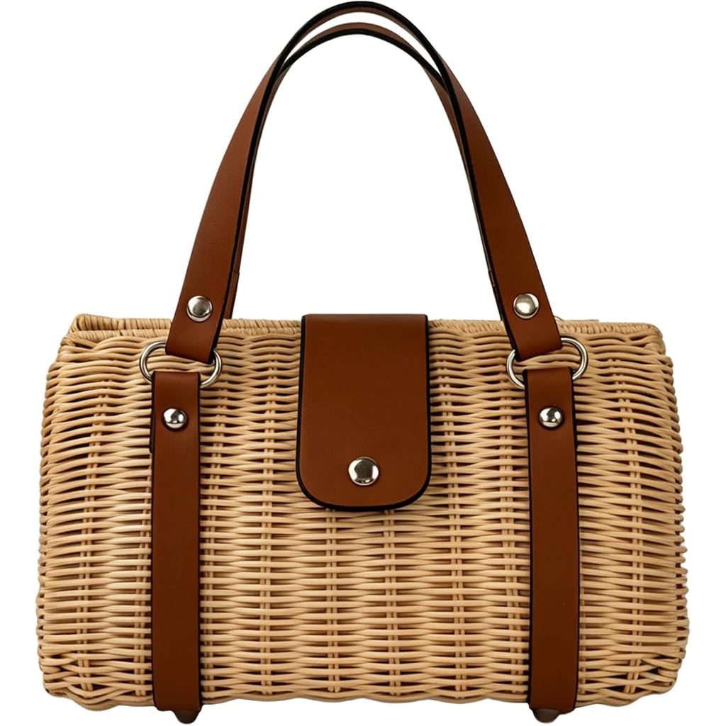 Rattan Purse For Women, Structured Straw Tote Bag, Woven Wicker Satchel Handbag With Reinforced Handles, Summer Beach Travel Bag For Daily Use