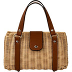 Rattan Purse For Women, Structured Straw Tote Bag, Woven Wicker Satchel Handbag With Reinforced Handles, Summer Beach Travel Bag For Daily Use
