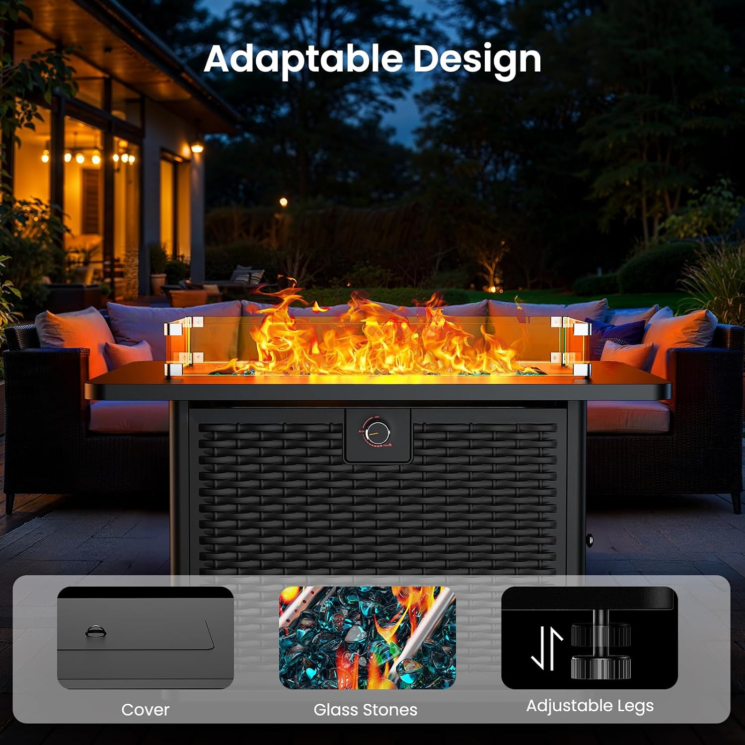 43-Inch Rectangular Propane Fire Pit With 60,000 Btu Output, Fire Pit Table Premium Gas For Outside Patio With 304 Stainless Steel H-Burner, Glass Stones, And Wind Guard,Black