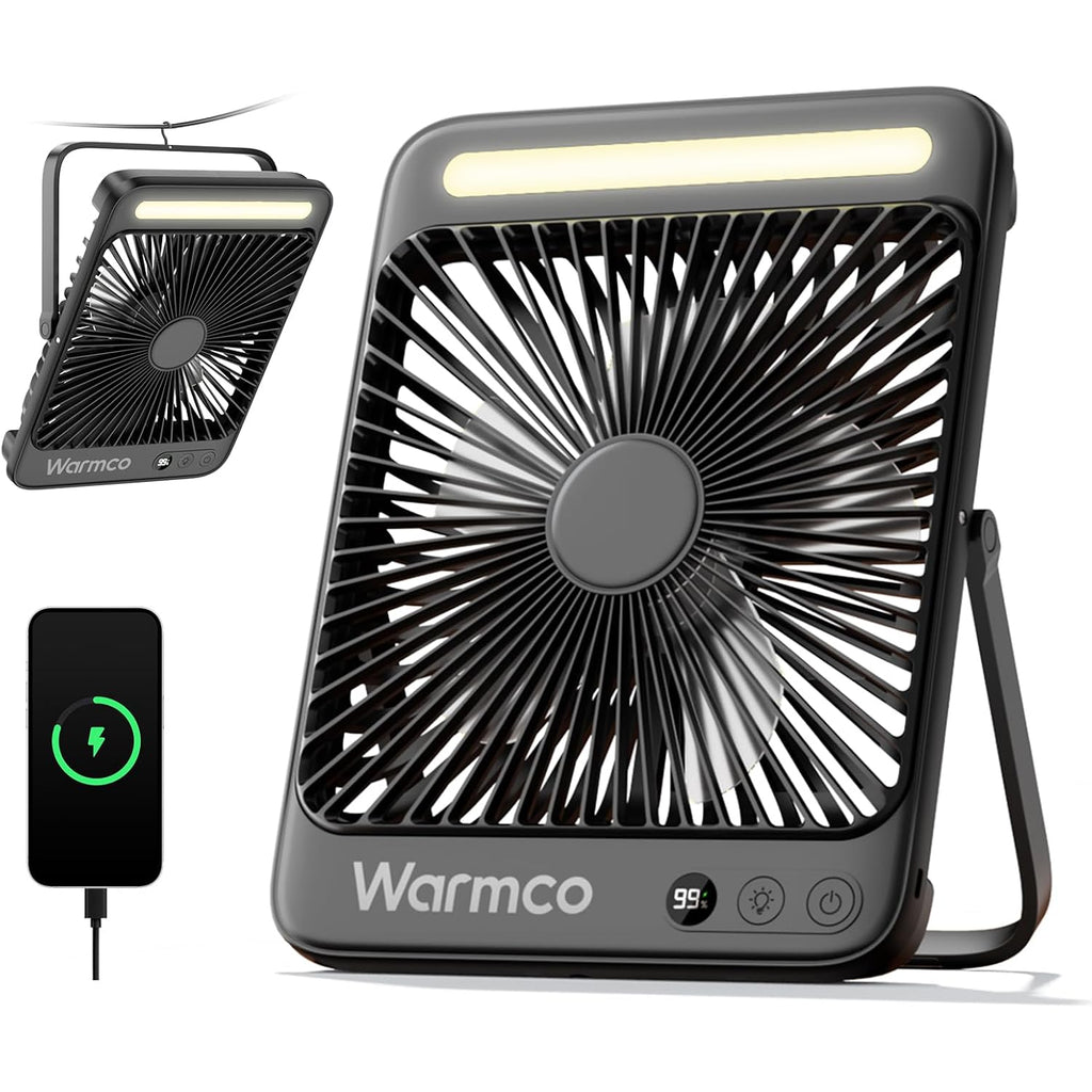 Warmco D4 Battery Powered Camping Fan 20000Mah, Led Lantern | Up To 48H Runtime, Ultra-Slim Quiet 8-Inch Fan, Digital Display & Hook For Tent, Bedroom, Outdoor & Travel
