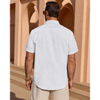 Mens Linen Textured Shirt Cotton Short Sleeve Summer Button Down Shirts | 100% Cotton, Linen-Look Texture, Casual Wear, Breathable Feel, Lightweight, Untucked, Regular Fit, Beach, Vacation, Resort