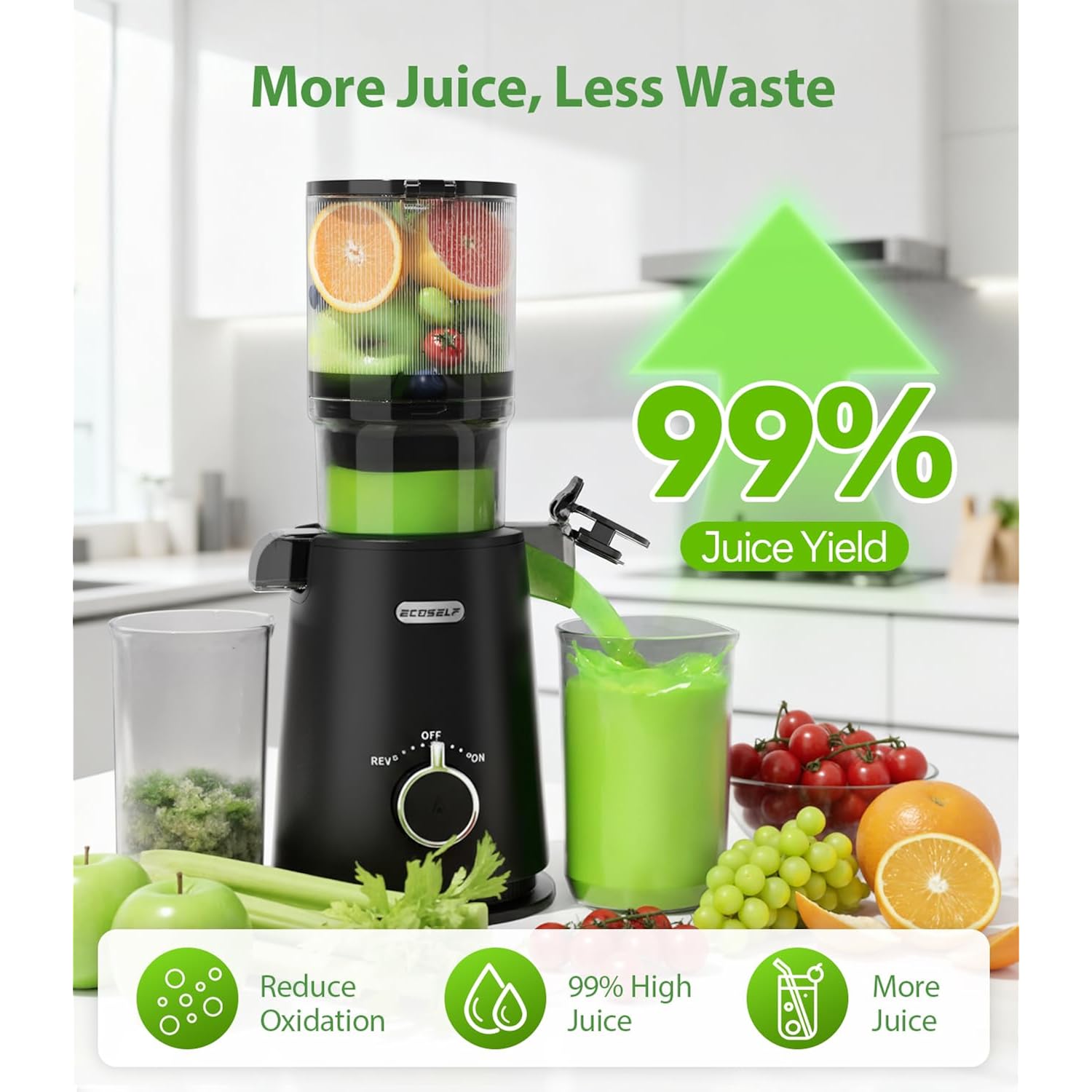 ECOSELF Juicer Machines Easy to Clean, With Wide Mouth & Large Feed Chute For Whole Fruits & Vegetables, Slow Masticating Juicer Hands-Free, Quiet Motor, Cold Press Juicer For Family, With Pusher