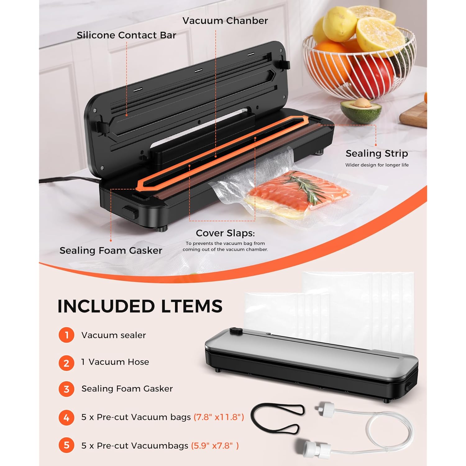 Vacuum Sealer Machine 75KPa Food with 6-in-1 Dry/Moist Modes & Digital Timer, Compact Lightweight Design, Built-in Cutter + 10 Bags (Black Silver)