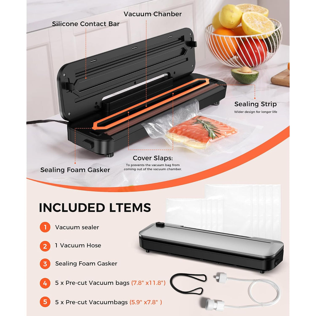 Vacuum Sealer Machine 75Kpa Food With 6-In-1 Dry/Moist Modes & Digital Timer, Compact Lightweight Design, Built-In Cutter + 10 Bags (Black Silver)