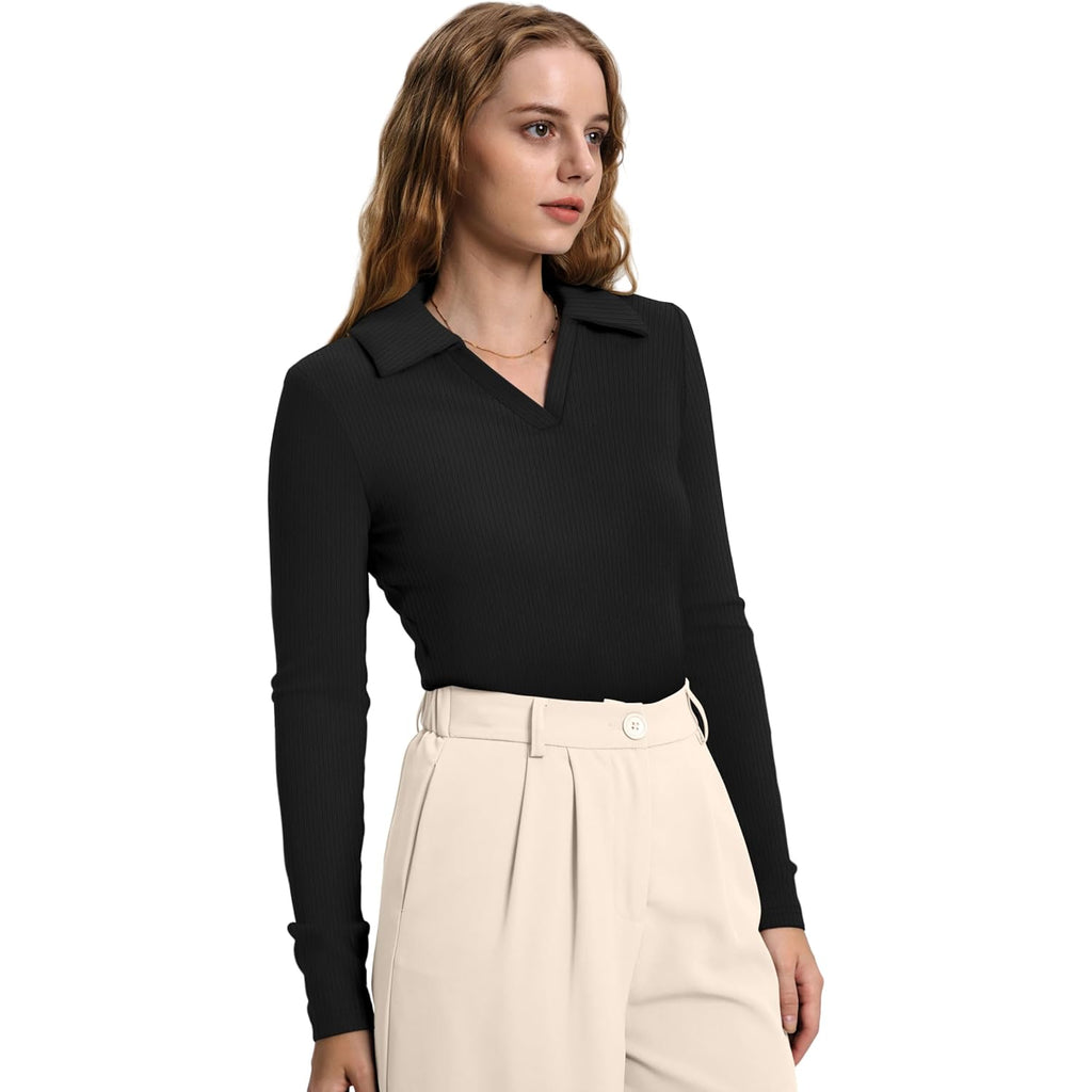 Wiholl Womens Polo Shirts Long Sleeve Business Casual Tops Collared V Neck Ribbed Knit Sweater Slim Fit Blouses