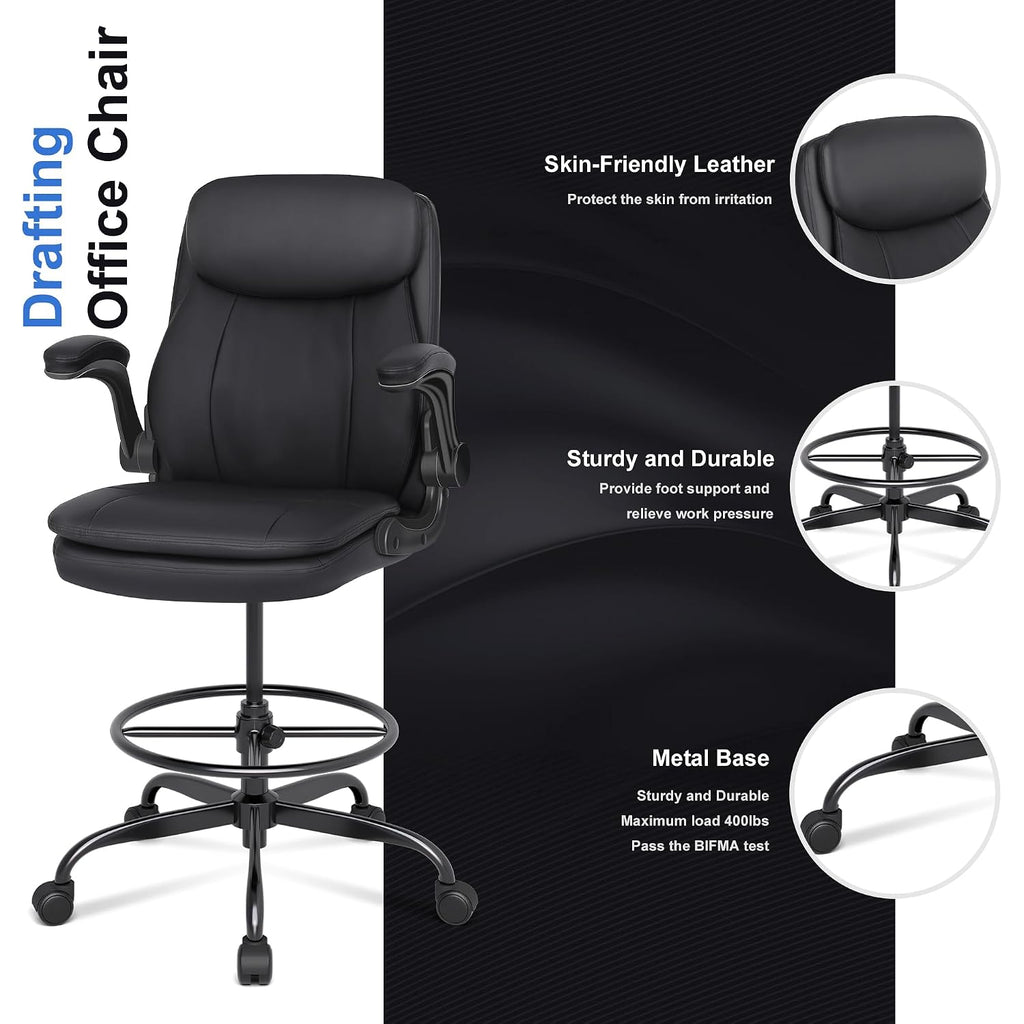 Misolant Drafting Chair, Tall Office Chair For Standing Desk, High Leather Executive Office Chair With Adjustable Height And Flip-Up Armrest For Counter Height Desk
