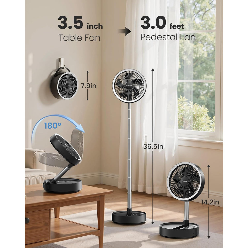 Gaiatop Portable Pedestal Fan 16000Mah Battery [Max 74H Runtime], Foldable Oscillating Standing Fan, Collapsible Desk Fans, Led Light, Case & Remote Control 4 Speeds For Outdoor Travel Camping (Black)