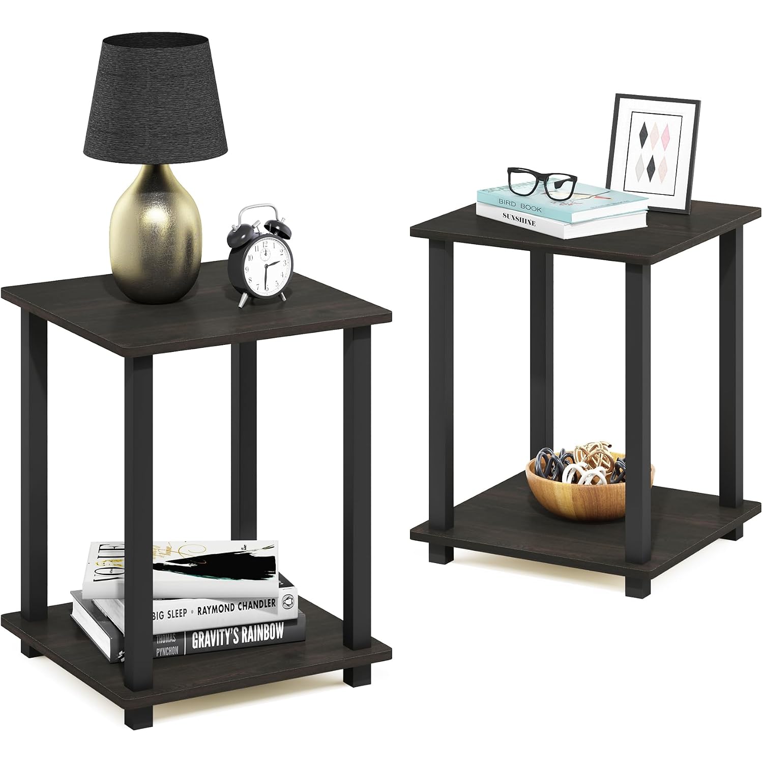Furinno Simplistic Side Table Set Of 2, 2-Tier Square Modern End Table, Nightstand, Night Stand, Bedside Table, Toolless Assembly, For Living Room, Bedroom, Espresso