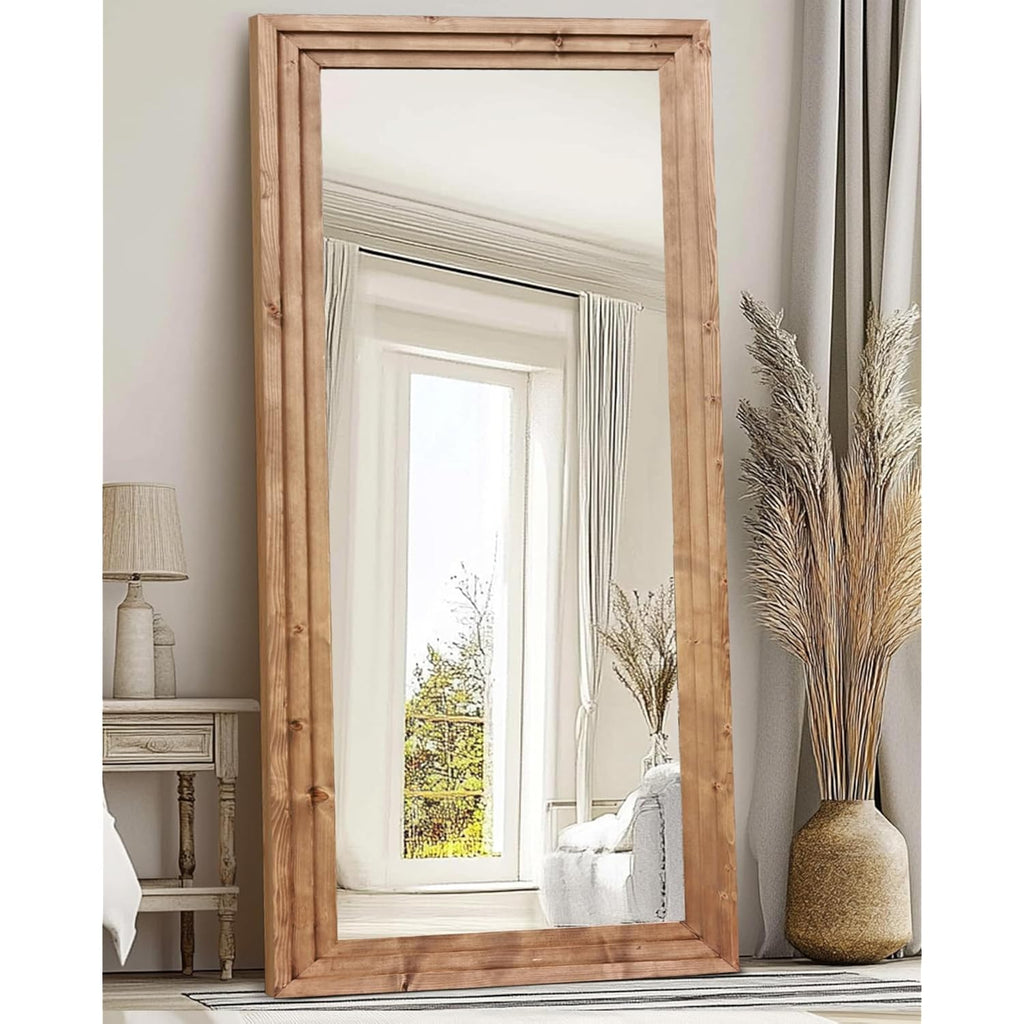 Full Length Mirror 76"X34" Solid Wood Frame Floor Large Mirror For Living Room, Bedroom Hanging Or Leaning Wall-Mounted, Light Brown